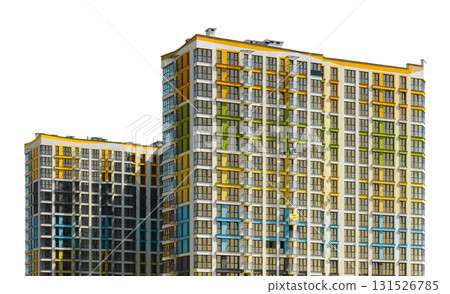 highrise condominium with glass facade, balconies and modern design in sunny urban setting. City 131526785