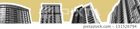 Modern apartment building with geometric facade in contrasting yellow and black. Tall high rise Modern apartment building with geometric facade in contrasting yellow and black. Tall high rise 131526794