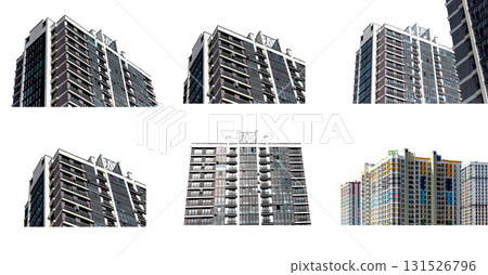 Modern apartment building with glass facade and balconies in sunny urban neighborhood. Contemporary 131526796