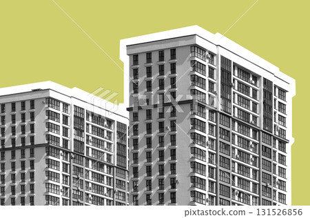 Modern tall residential building in developing urban district. Multistory condominium complex with Modern tall residential building in developing urban district. Multistory condominium complex with 131526856