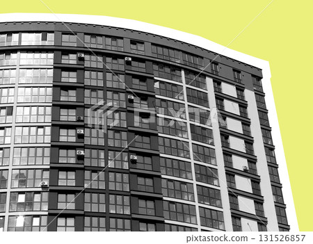 Modern urban condominium building on sunny day. Tall residential and commercial block with glass Modern urban condominium building on sunny day. Tall residential and commercial block with glass 131526857