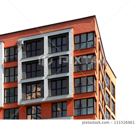 Multi storey building in urban metropolis. Tall highrise apartment block with balconies, concrete Multi storey building in urban metropolis. Tall highrise apartment block with balconies, concrete 131526861
