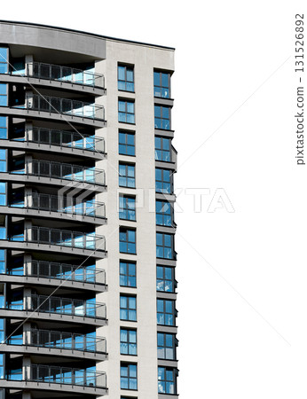 skyscraper with glass windows and balconies in modern architectural design. Contemporary multistory 131526892