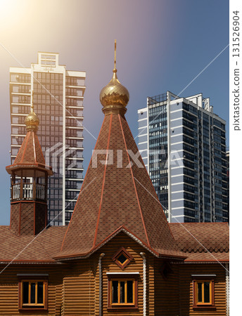 Tall contemporary orthodox church with golden dome and spire in sunny metropolitan downtown. Multi Tall contemporary orthodox church with golden dome and spire in sunny metropolitan downtown. Multi 131526904