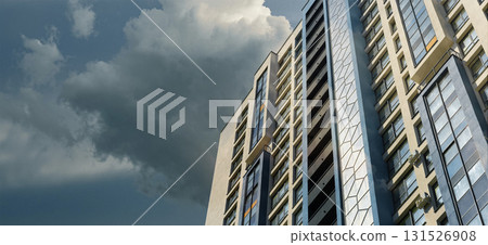 Tall modern high rise building in developing city neighborhood. Residential and commercial 131526908
