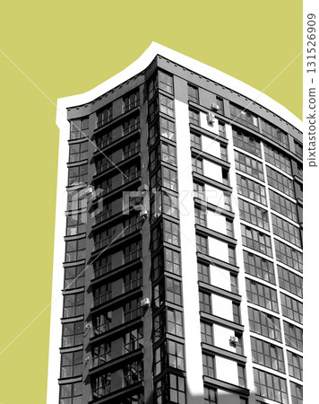 Tall modern high rise building in developing urban neighborhood. Residential and commercial block Tall modern high rise building in developing urban neighborhood. Residential and commercial block 131526909