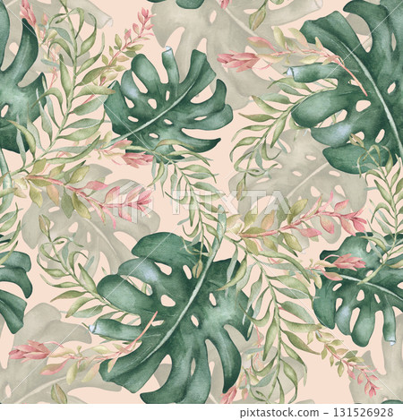 Botanical rainforest plants seamless print isolated on beige. Lush monstera and pink branches watercolor hand painted. Jungle soft foliage repeated pattern for swimwear, beachwear neutral colors. 131526928