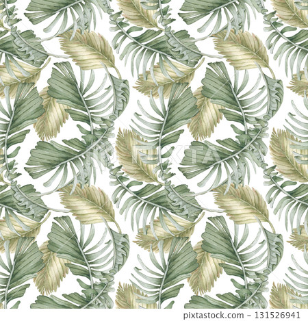 Tropical palm leaf watercolor seamless print isolated on white. Fan palm fronds in warm olive colors hand painted. Jungle repeated pattern for swimwear fabric, gift wrap, boho style textile. Tropical palm leaf watercolor seamless print isolated on white. Fan palm fronds in warm olive colors hand painted. Jungle repeated pattern for swimwear fabric, gift wrap, boho style textile. 131526941