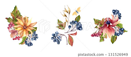 Autumn Flora watercolor set hand drawn isolated white. Vibrant arrangements of flowers, berries, and fall foliage botanical sketch art. Floral drawing for and organic product label. 131526949