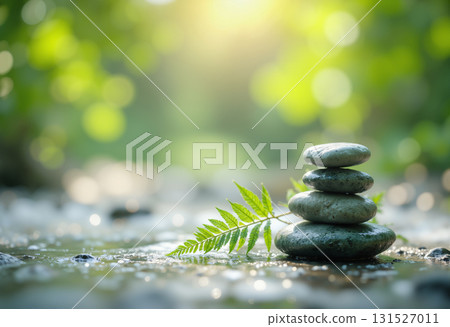 Stones piled up on the riverbank and green leaves in the soft sunlight 131527011