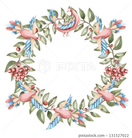 A stylized round frame with rowan branches and fairytale flying birds. Isolated watercolor illustration for tableware, kitchen linens, plate printing, clothing, fabric, and children's room design. 131527022