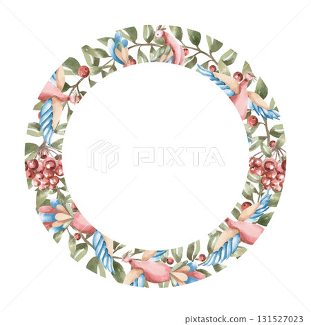 A stylized round frame with rowan branches and fairytale birds. Isolated watercolor illustration for tableware, kitchen linens, plate printing, clothing, fabric, and children's room design. 131527023