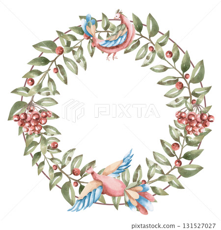 A stylized wreath with rowan branches and fairytale birds. Isolated watercolor illustration for tableware, kitchen linens, plate printing, clothing, fabric, and children's room design. 131527027