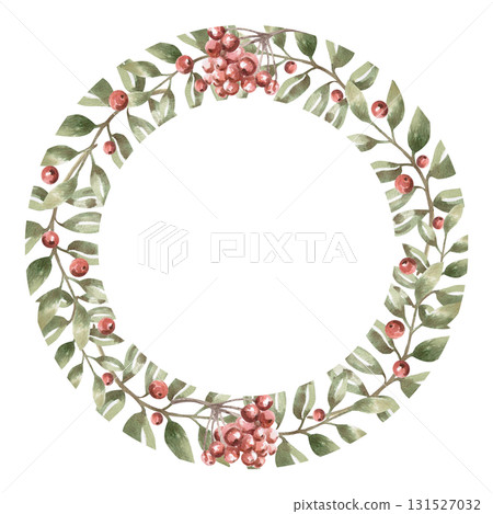 Rowan berry wreath. Isolated watercolor illustration for tableware, kitchen linens, plate printing, clothing, fabric, and nursery design. 131527032