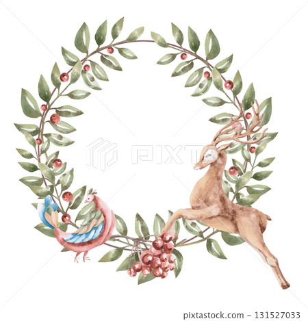 A wreath with twigs of scaly-flowered berries, a fairy bird, and a deer. Isolated watercolor illustration for children's educational materials, postcards, clothing, fabric, and nursery design. A wreath with twigs of scaly-flowered berries, a fairy bird, and a deer. Isolated watercolor illustration for children's educational materials, postcards, clothing, fabric, and nursery design. 131527033
