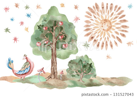 A stylized landscape with an apple tree, a fairy bird, and the moon in a dark sky. Isolated watercolor illustration for children's educational materials, postcards, and nursery design. 131527043