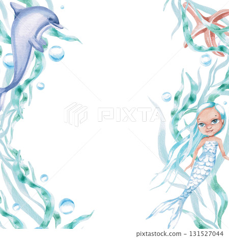 A square frame with a dolphin and a mermaid in seaweed. Isolated watercolor illustration for children's party decorations, cards, menus, nurseries, and posters. 131527044