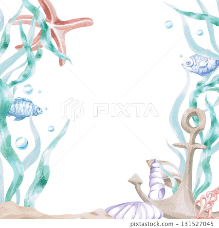 A square frame featuring a sunken anchor in seaweed with fish and a starfish. Isolated watercolor illustration for children's party decorations, cards, menus, nurseries, and posters. 131527045
