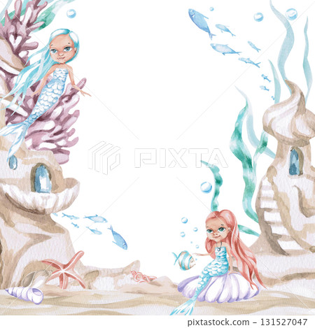 A square frame with mermaids and an underwater castle. Isolated watercolor illustration of sea creatures for children's interiors, cosmetics, greeting card designs, and themed holidays. A square frame with mermaids and an underwater castle. Isolated watercolor illustration of sea creatures for children's interiors, cosmetics, greeting card designs, and themed holidays. 131527047