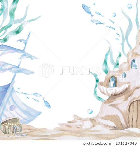 A square frame featuring an underwater castle and a sunken ship. Isolated watercolor illustration of sea creatures for children's interiors, cosmetics, greeting card designs, and themed holidays. 131527049