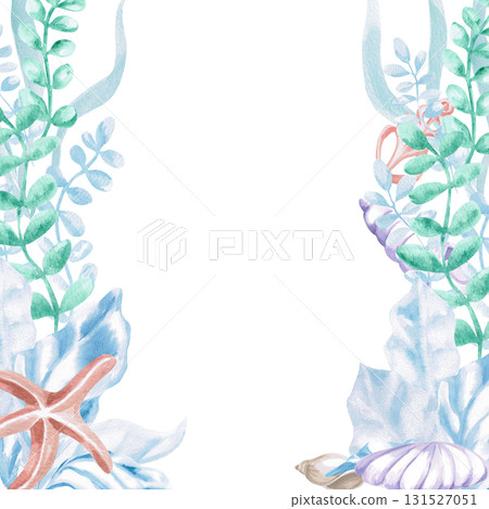 A square frame with various seaweed, a starfish, and shells. Isolated watercolor illustration of sea creatures for children's interiors, cosmetics, greeting card designs, and themed holidays. 131527051