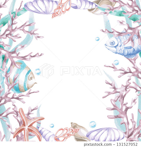 A square frame with coral, seaweed, fish, and shells. Isolated watercolor illustration of sea creatures for children's interiors, cosmetics, greeting card designs, and themed holidays. 131527052