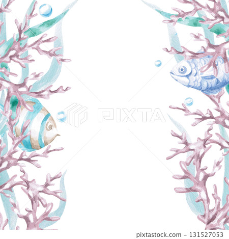 A square frame with corals, seaweed, and fish. Isolated watercolor illustration of sea creatures for children's interiors, cosmetics, greeting card designs, and themed holidays. 131527053