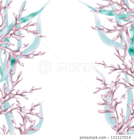 A square frame with corals in seaweed. Isolated watercolor illustration of sea creatures for children's interiors, cosmetics, greeting card designs, and themed holidays. 131527054