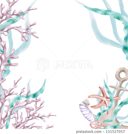 A square frame with coral in seaweed, a starfish, and an anchor. Isolated watercolor illustration of sea creatures for children's interiors, cosmetics, greeting card designs, and themed holidays. 131527057