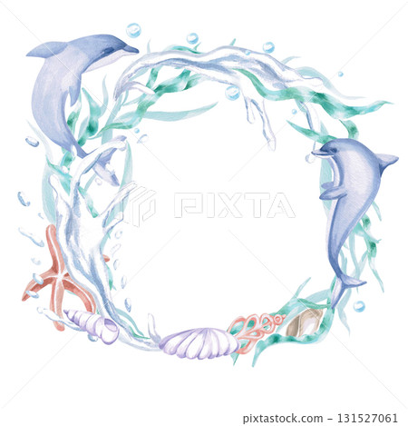 A round frame featuring dolphins in splashing water and shells. Isolated watercolor illustration of sea creatures for children's interiors, cosmetics, greeting card designs, and themed holidays. A round frame featuring dolphins in splashing water and shells. Isolated watercolor illustration of sea creatures for children's interiors, cosmetics, greeting card designs, and themed holidays. 131527061
