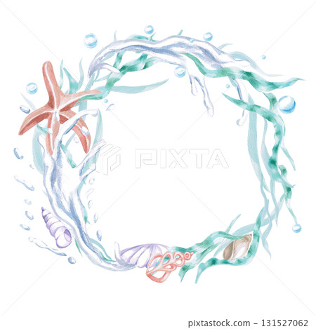 A round frame with water splashes, a starfish, and shells. Isolated watercolor illustration of sea creatures for children's interiors, cosmetics, greeting card designs, and themed holidays. 131527062