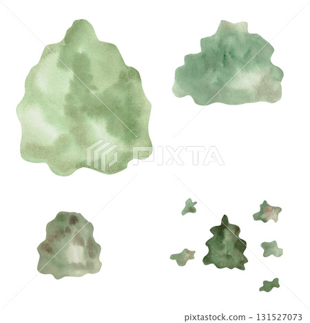 A set of tree and shrub templates. Isolated watercolor illustrations for children's educational materials, printing on postcards, fabric, books, and children's room design. 131527073