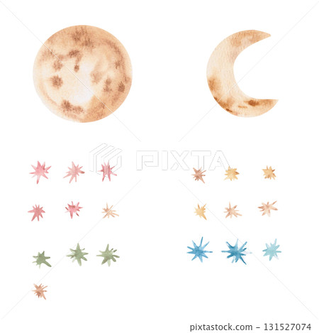 A set of the moon, crescent, and stars. Isolated watercolor illustrations for children's educational materials, printing on cards, fabric, books, and children's room design. 131527074