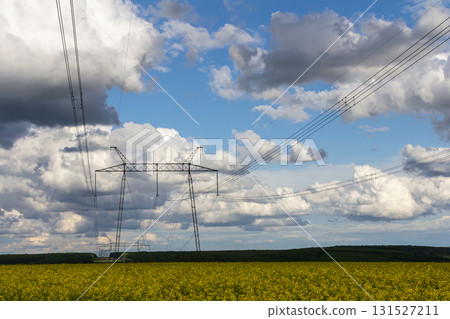 Dense clouds hover over a vibrant yellow field with towering power lines stretching across the landscape during a bright afternoon 131527211