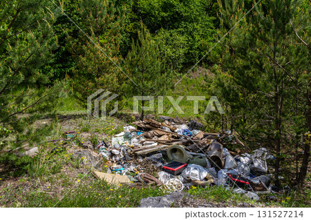 Illegal landfill affects natural landscape and threatens local wildlife in forested area 131527214