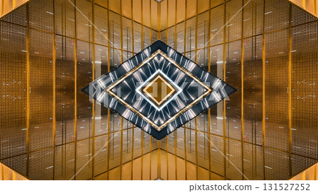futuristic technology background with digital mirrored and symmetry patterns and cyber glow, innovative tech backdrop with tunnel and warp virtual network design and electronic light, blue and gold 131527252