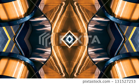 futuristic technology background with digital mirrored and symmetry patterns and cyber glow, innovative tech backdrop with tunnel and warp virtual network design and electronic light, blue and gold 131527253