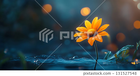 Vibrant Orange Flower DewKissed Bloom in Dark Background 131527548