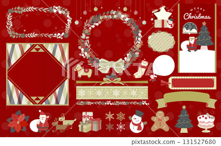 時尚的金色調聖誕節和新年假期自然框架：花圈、紅色背景、符號 131527680