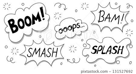Black comic explosions words in speech bubbles 131527692