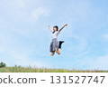 High school students jumping against the blue sky 131527747