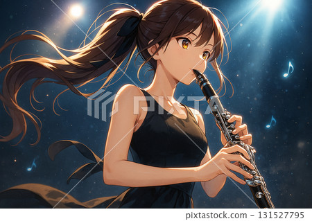 一幅舞台插畫，描繪了一位美麗的動漫女孩正在吹奏單簧管。光與聲的奇幻交織。 131527795