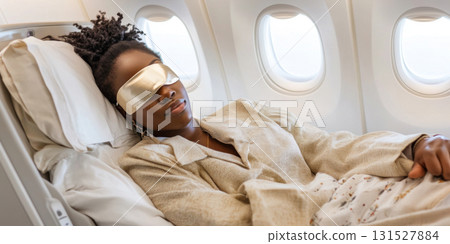 Woman sleeping on airplane with eye mask, relaxed travel concept Woman sleeping on airplane with eye mask, relaxed travel concept 131527884