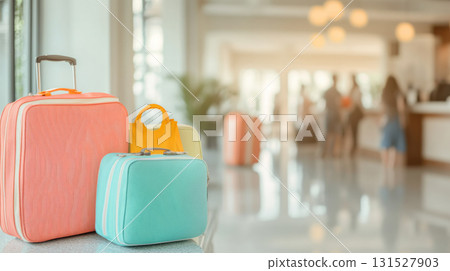 Travel bags in modern hotel lobby with blurred receptionists 131527903