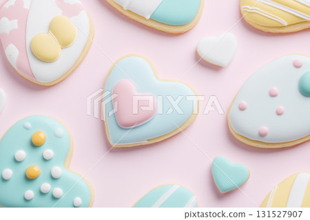 Pastel heart-shaped cookies, perfect for Valentines Day, ideal as festive background Pastel heart-shaped cookies, perfect for Valentines Day, ideal as festive background 131527907