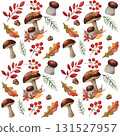 Watercolor seamless pattern with mushrooms, autumn leaves, red berries on a white background. Suitable for textile design, gift wrapping paper, cards, invitations, and food packaging. 131527957
