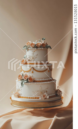 Wedding cake with beautiful flowers on solid pastel color background, copy space Wedding cake with beautiful flowers on solid pastel color background, copy space 131528015