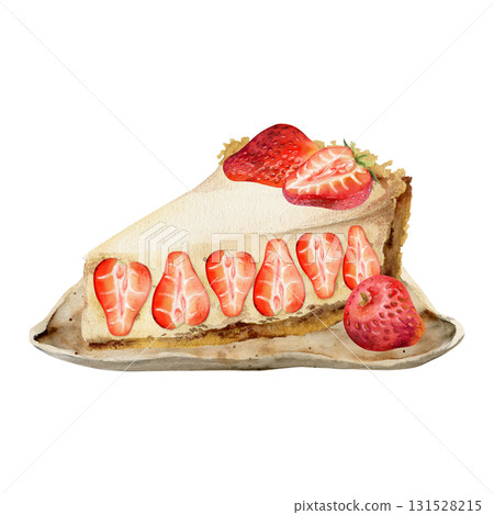 Hand drawn cheesecake slice with whole and cut strawberries, berry sponge cake on handmade ceramic clay dish. Watercolor isolated illustration. Recipe cards, dessert printables, food wrapping paper. Hand drawn cheesecake slice with whole and cut strawberries, berry sponge cake on handmade ceramic clay dish. Watercolor isolated illustration. Recipe cards, dessert printables, food wrapping paper. 131528215