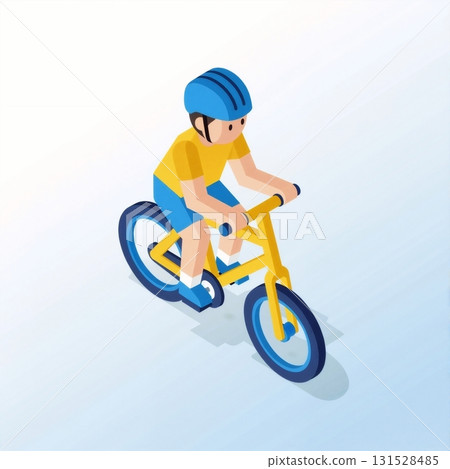 Isometric illustration of a child riding a bicycle. Flat design vector icon of a young cyclist wearing a helmet. Active lifestyle and transportation concept 131528485