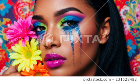 Artistic beauty portrait of a woman with colorful makeup and glitter tears. Creative fashion look with vibrant eyeshadow and bright flowers. 131528488